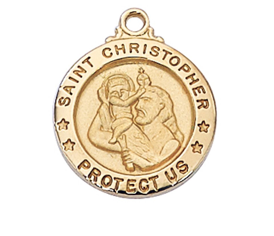 Gold Over Sterling Silver St. Christopher Round Medal on 18&quot; Gold Over Brass Chain