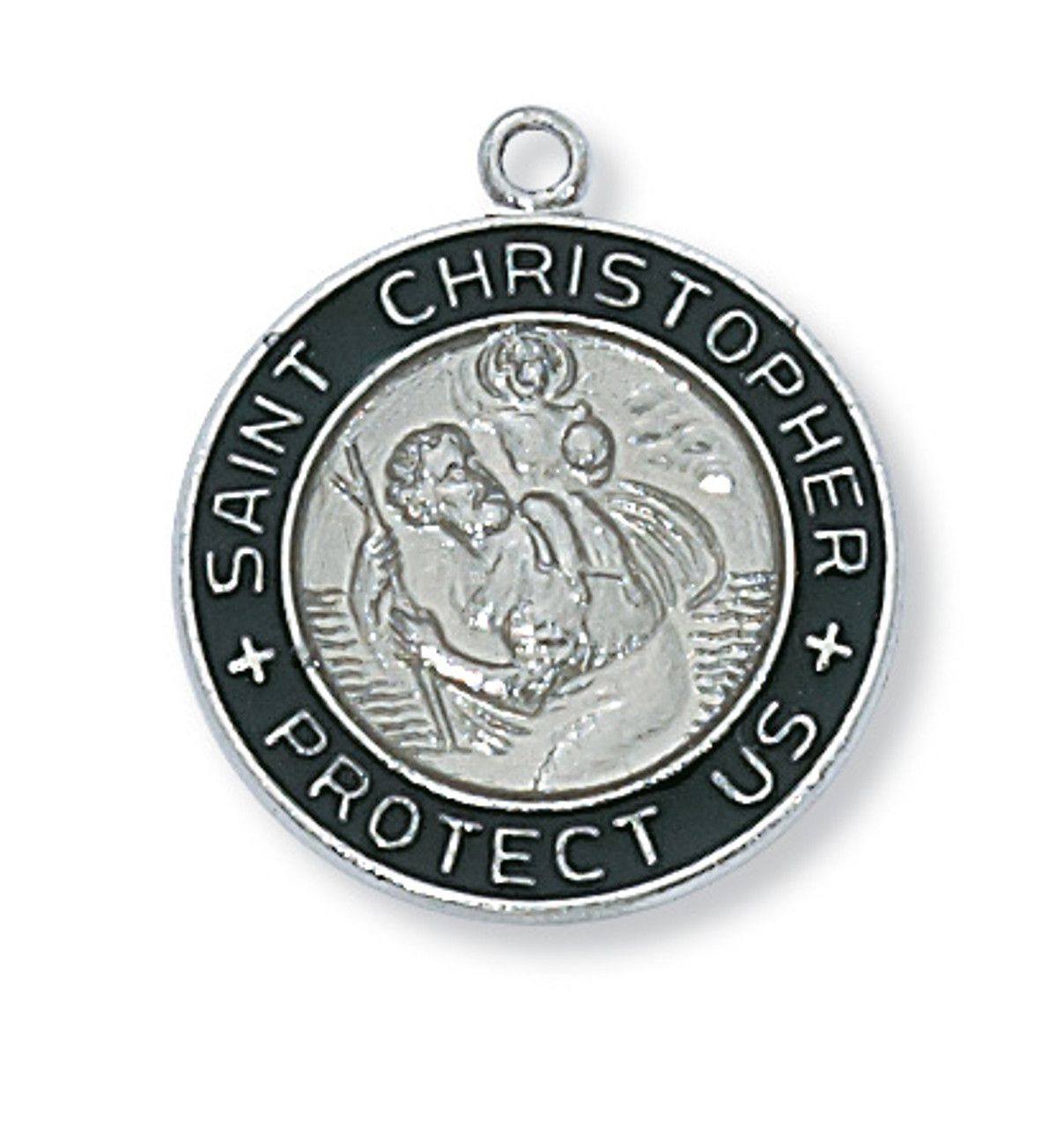 Sterling Silver St. Christopher Black &amp; White Medal on 18&quot; Stainless Steel Chain