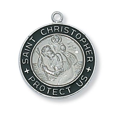 Sterling Silver St. Christopher Black &amp; White Medal on 18&quot; Stainless Steel Chain