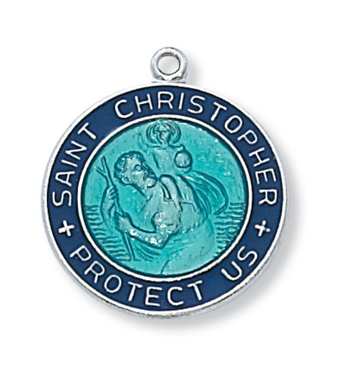 Sterling Silver St. Christopher Blue Medal on 18&quot; Stainless Steel Chain
