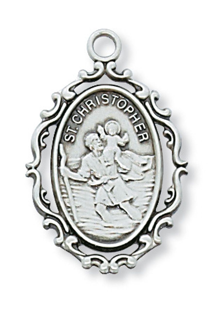 Sterling Silver St. Christopher Oval Medal on 18&quot; Stainless Steel Chain