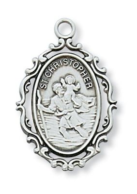 Sterling Silver St. Christopher Oval Medal on 18&quot; Stainless Steel Chain