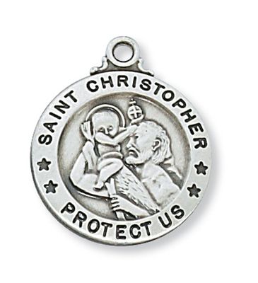 Sterling Silver St. Christopher Round Medal on 20&quot; Stainless Steel Chain