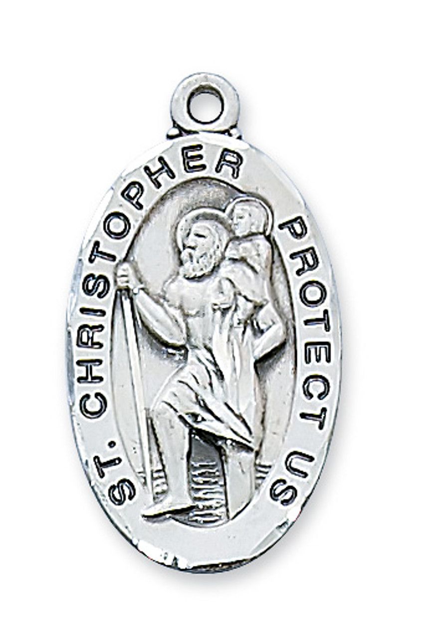 Sterling Silver St. Christopher Oval Medal on 24&quot; Stainless Steel Chain