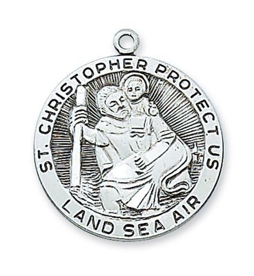 Sterling Silver St. Christopher Round Medal on 24&quot; Stainless Steel Chain