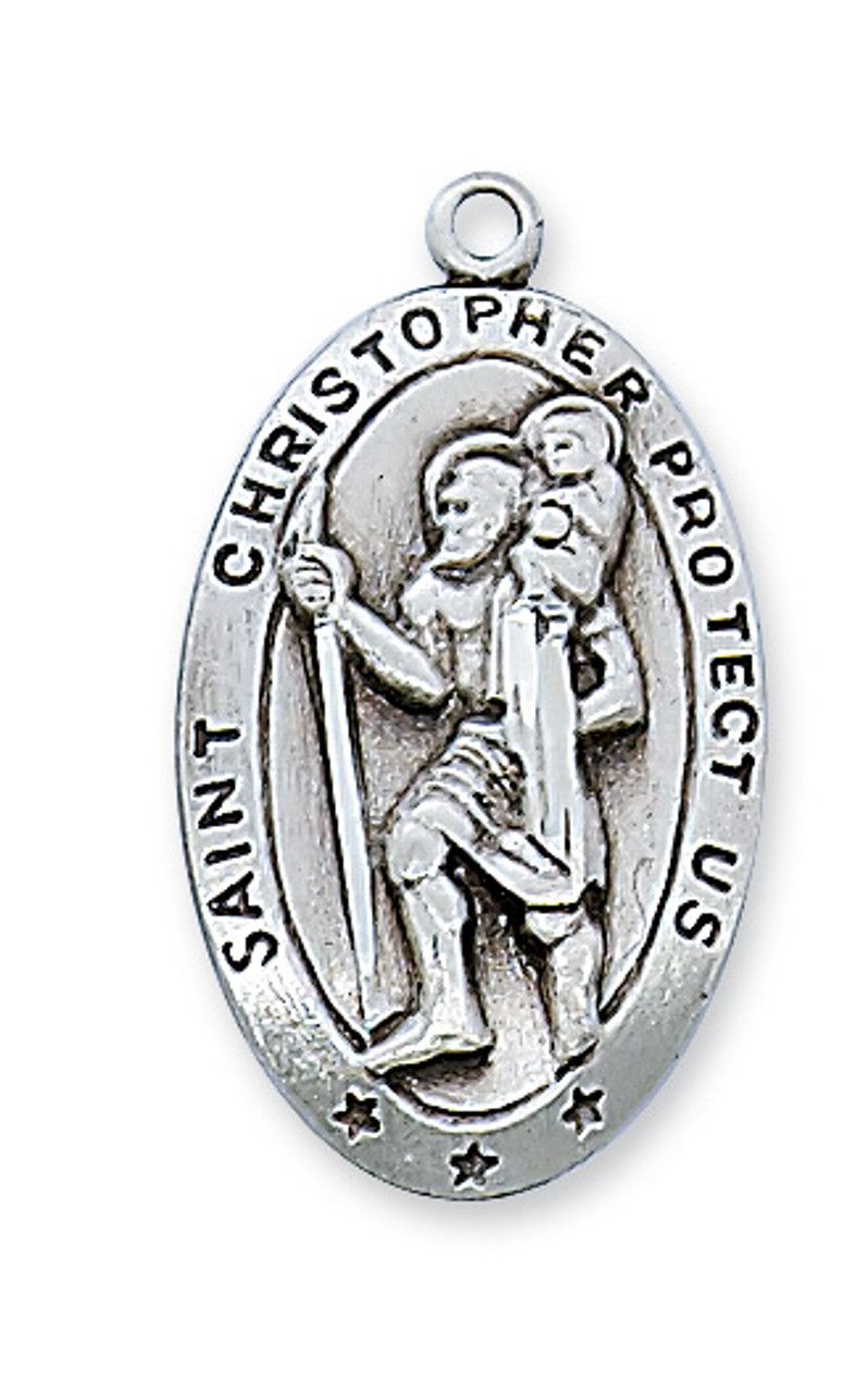 Sterling Silver St. Christopher Long Medal with 24&quot; Stainless Steel Chain