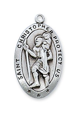 Sterling Silver St. Christopher Long Medal with 24&quot; Stainless Steel Chain