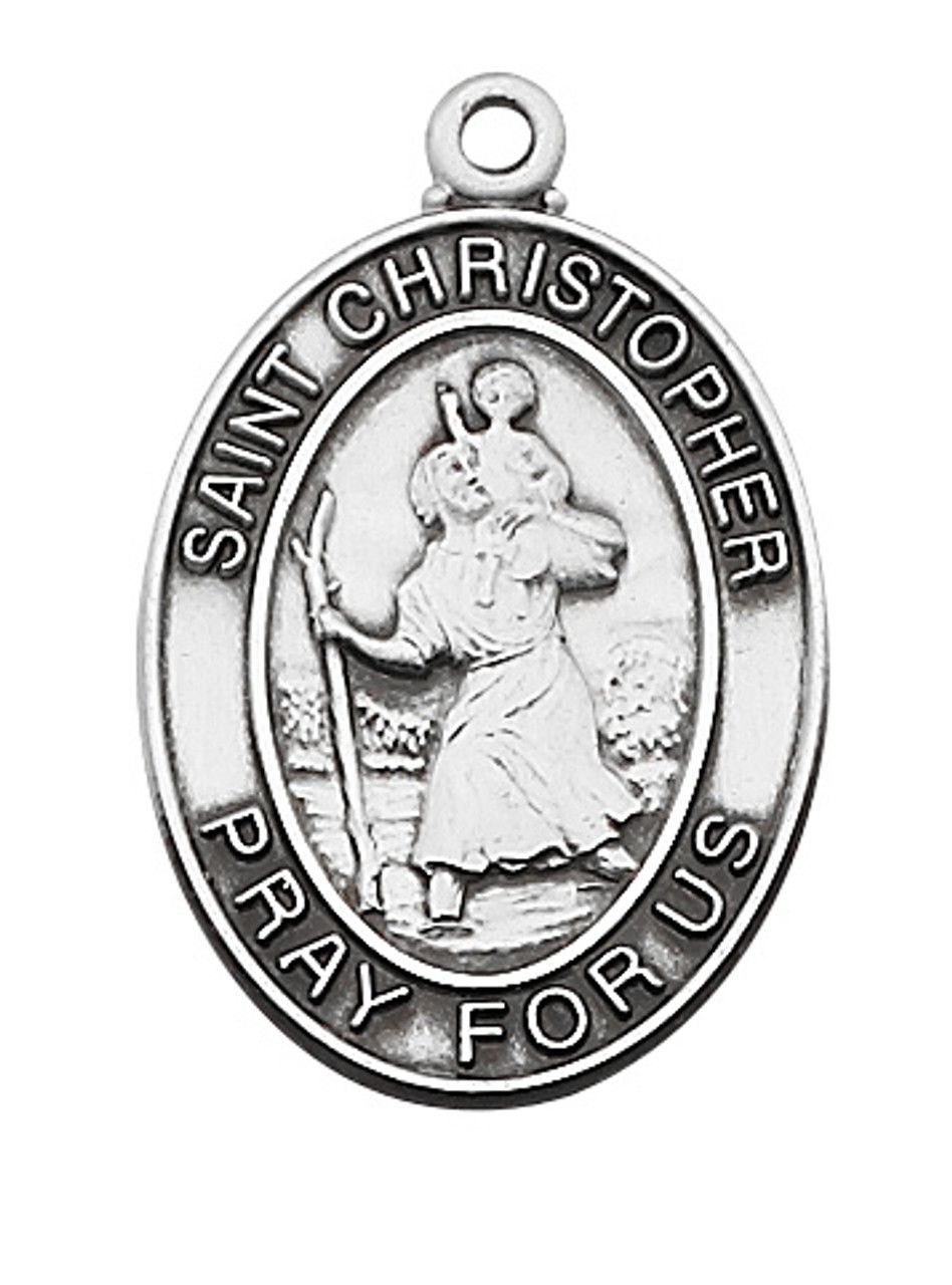 Sterling Silver St. Christopher Oval Medal on a 24&quot; Stainless Steel Chain