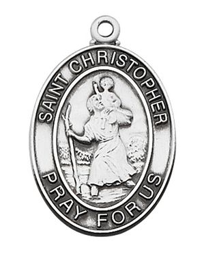Sterling Silver St. Christopher Oval Medal on a 24&quot; Stainless Steel Chain