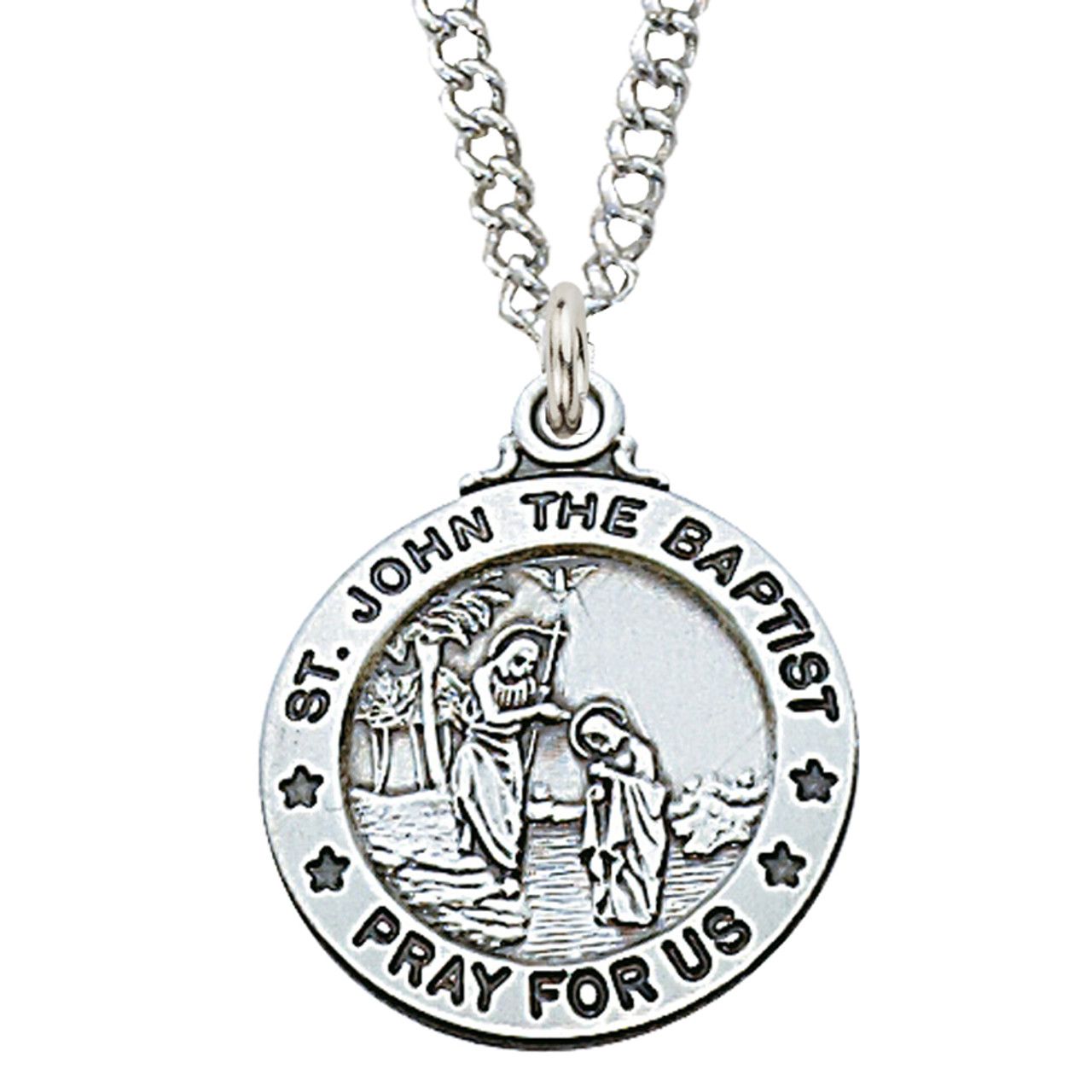 Sterling Silver St. John the Baptist Medal on 20&quot; Stainless Steel Chain