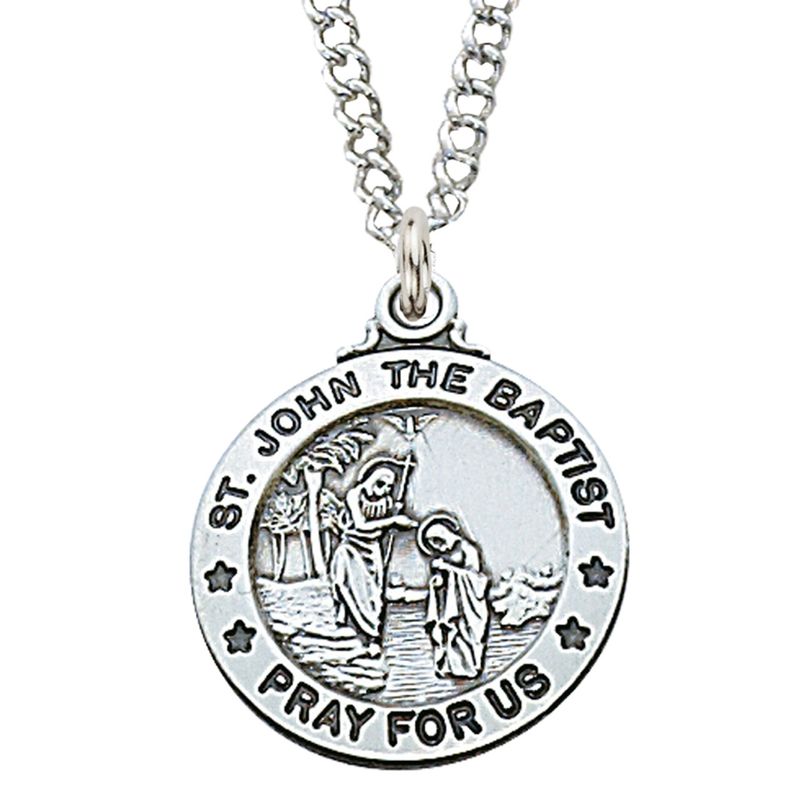 Sterling Silver St. John the Baptist Medal on 20&quot; Stainless Steel Chain