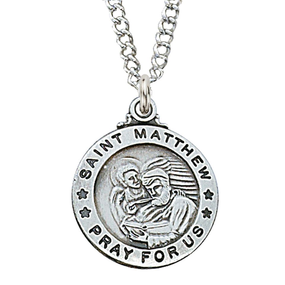 Sterling Silver St. Matthew Medal on 20&quot; Stainless Steel Chain