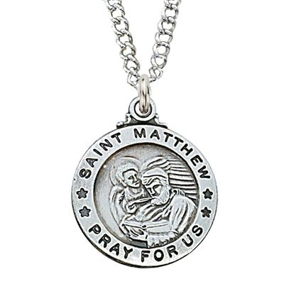 Sterling Silver St. Matthew Medal on 20&quot; Stainless Steel Chain