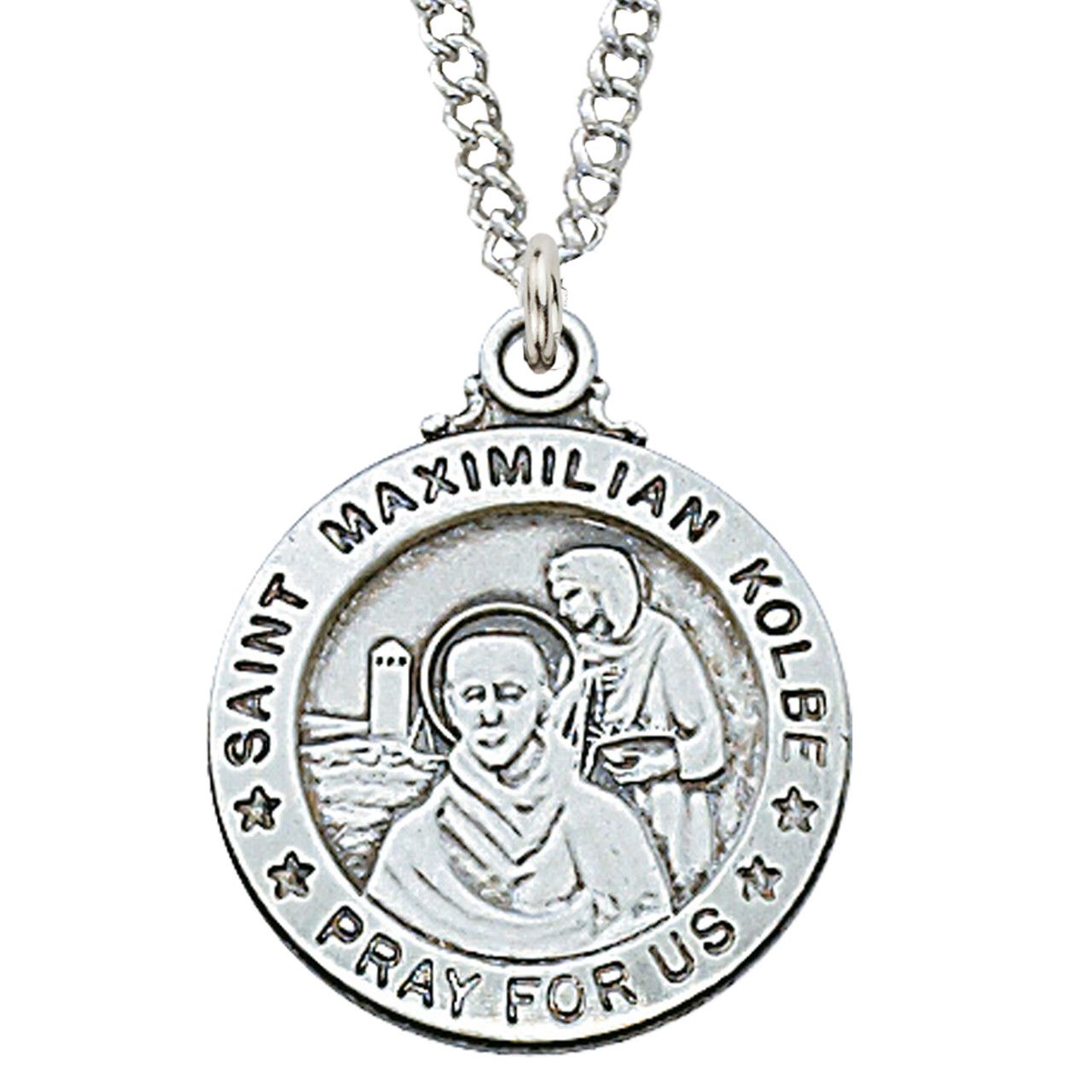 Sterling Silver St. Maximilian Kolbe Medal on 20&quot; Stainless Steel Chain