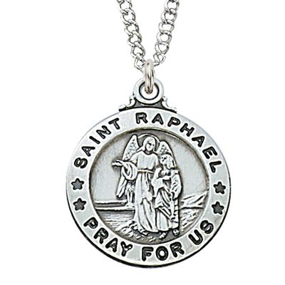 Sterling Silver St. Raphael Medal on 20&quot; Stainless Steel Chain