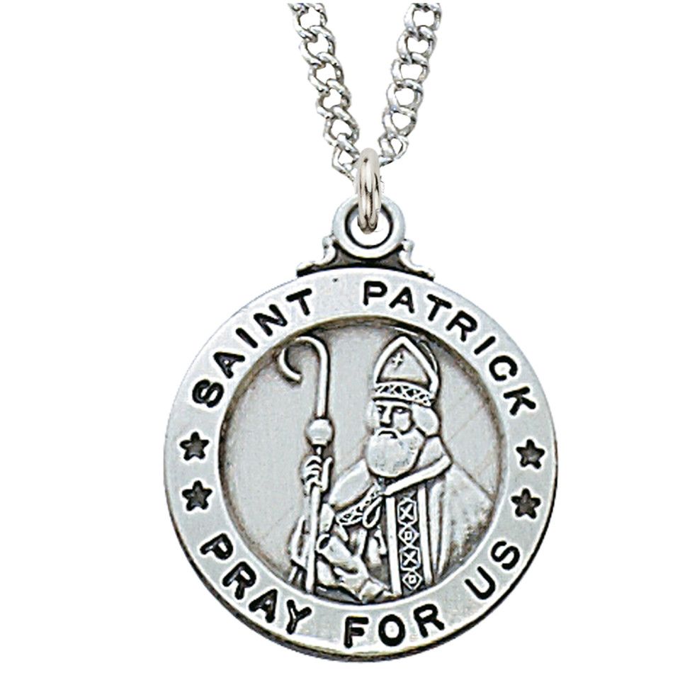 Sterling Silver St. Patrick Medal on 20&quot; Stainless Steel Chain