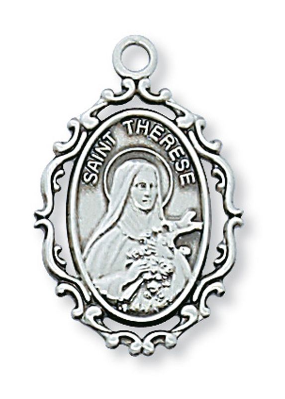 Sterling Silver St. Therese Medal on 18&quot; Stainless Steel Chain