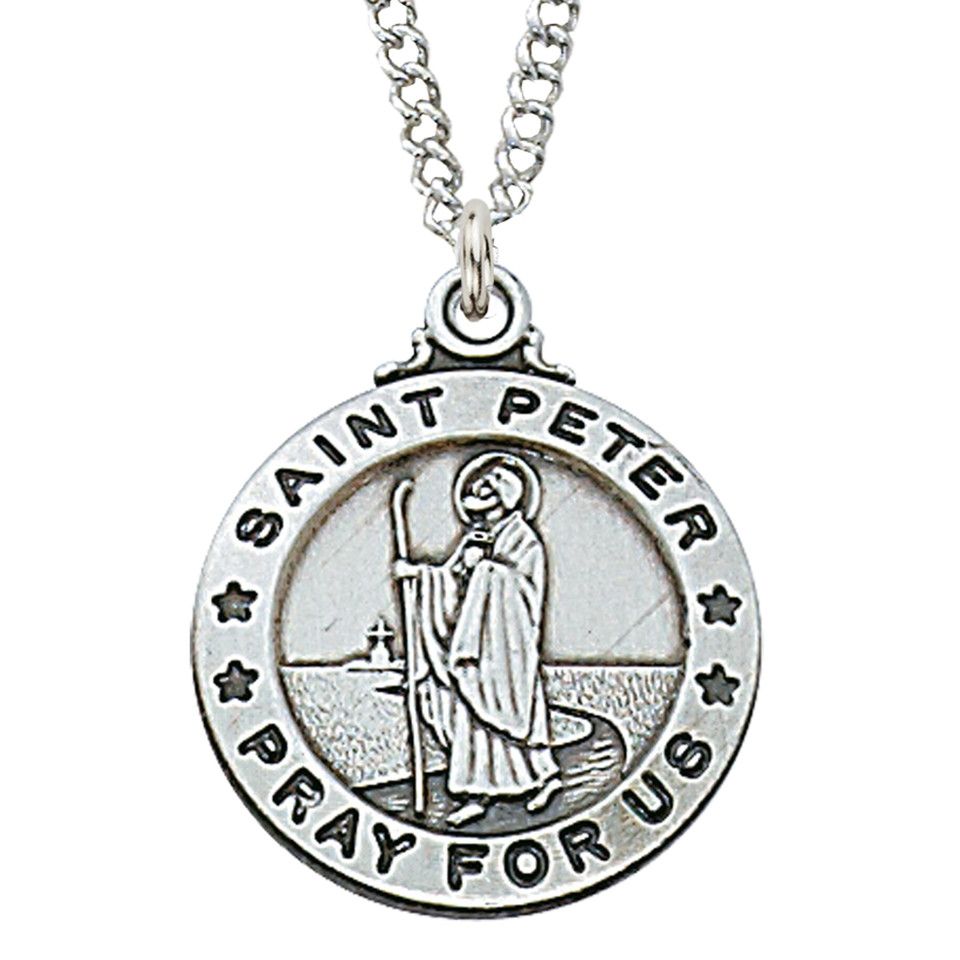 Sterling Silver St. Peter Medal on 20&quot; Stainless Steel Chain