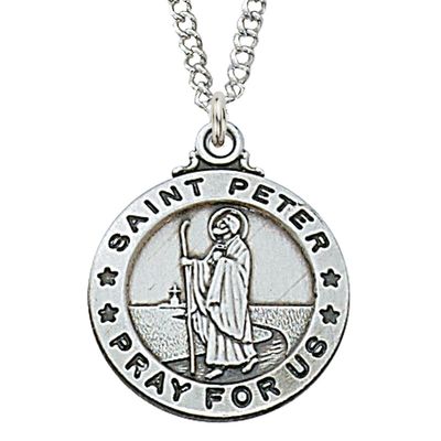 Sterling Silver St. Peter Medal on 20&quot; Stainless Steel Chain