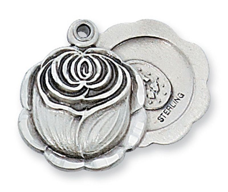 Sterling Silver Rosebud with Miraculous Medal on 18” Stainless Steel Chain