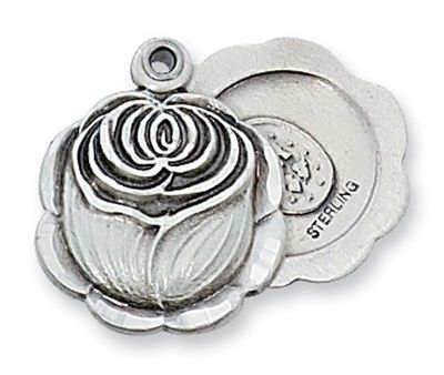 Sterling Silver Rosebud with Miraculous Medal on 18” Stainless Steel Chain