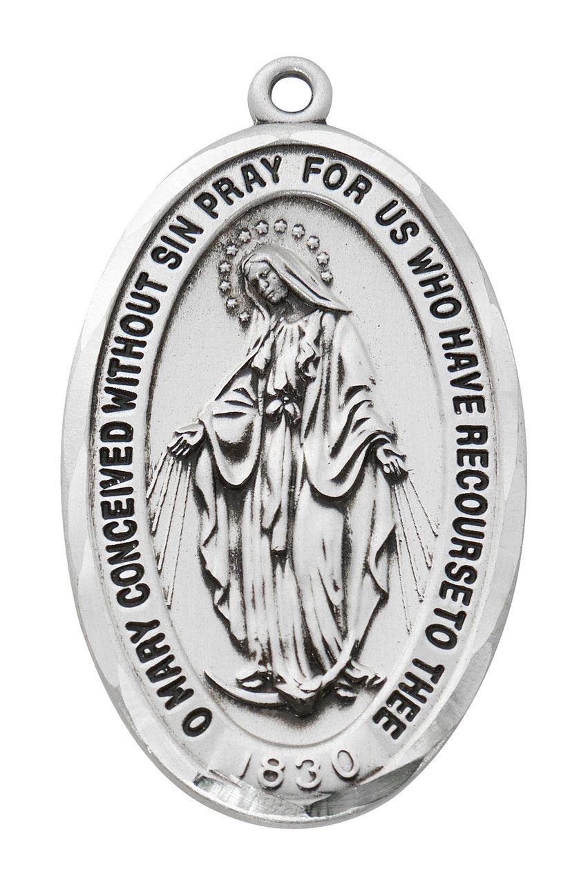 Sterling Silver Miraculous Medal on 24&quot; Stainless Steel Chain