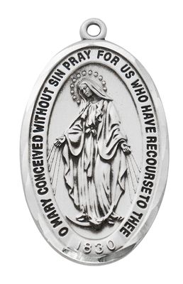 Sterling Silver Miraculous Medal on 24&quot; Stainless Steel Chain