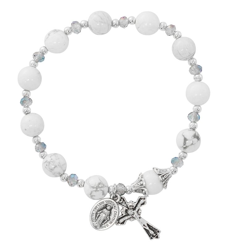 Adult Howolite and Gray Crystal Rosary Stretch Bracelet
