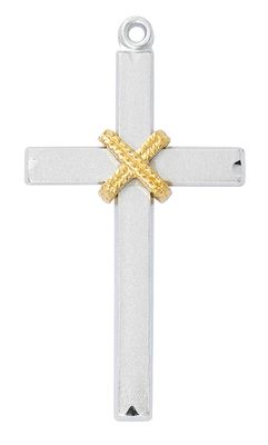 Sterling Silver Two Tone Cross with Rope on 24&quot; Stainless Steel Chain