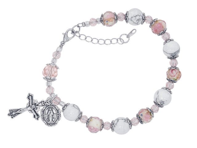 Adult White Stone Pink Rosary Bracelet