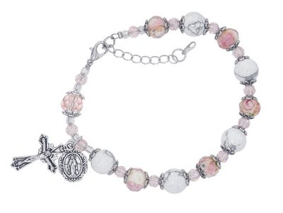Adult White Stone Pink Rosary Bracelet