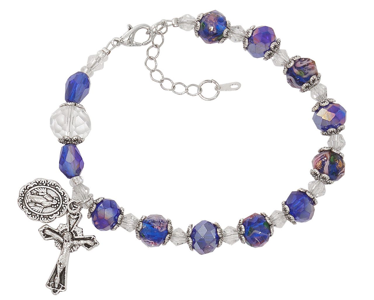 Adult Blue Crystal Flower Rosary Bracelet
