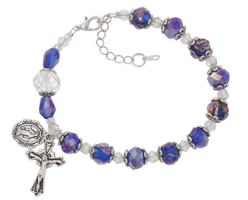 Adult Blue Crystal Flower Rosary Bracelet