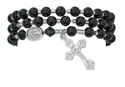 Adult Twistable Black Agate Rosary Stretch Bracelet