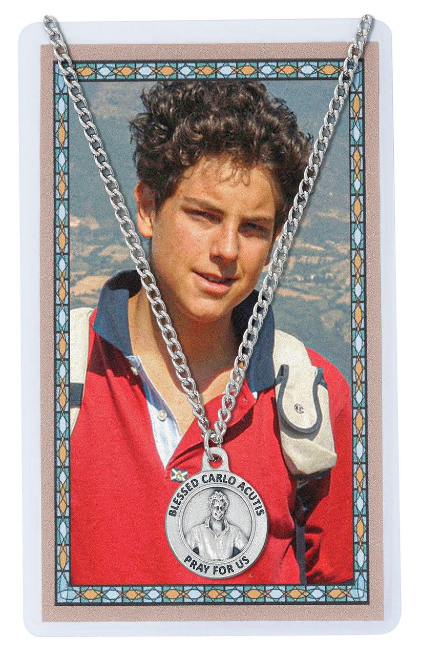 Carlo Acutis Silver Oxidized Medal and Prayer Card Set