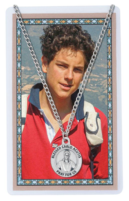 Carlo Acutis Silver Oxidized Medal and Prayer Card Set