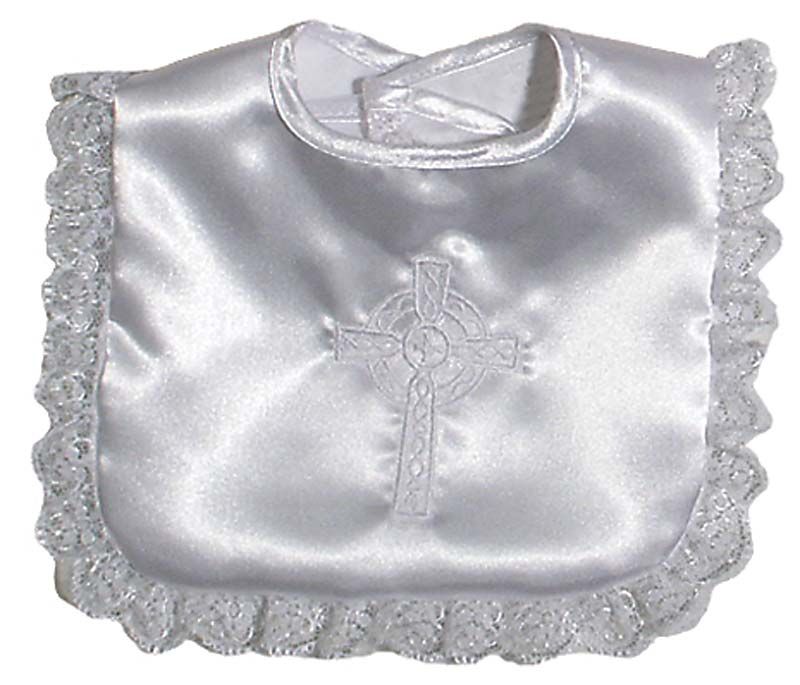 Celtic Cross Christening Embroidered White Satin Lace Bib