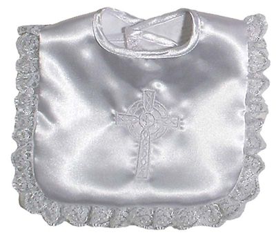 Celtic Cross Christening Embroidered White Satin Lace Bib