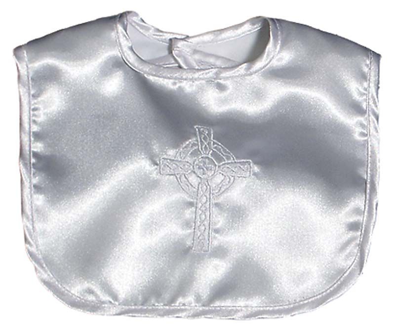 Celtic Cross Christening Embroidered White Satin Bib