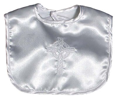 Celtic Cross Christening Embroidered White Satin Bib