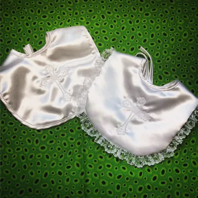 Cross Christening Embroidered White Satin Lace Bib