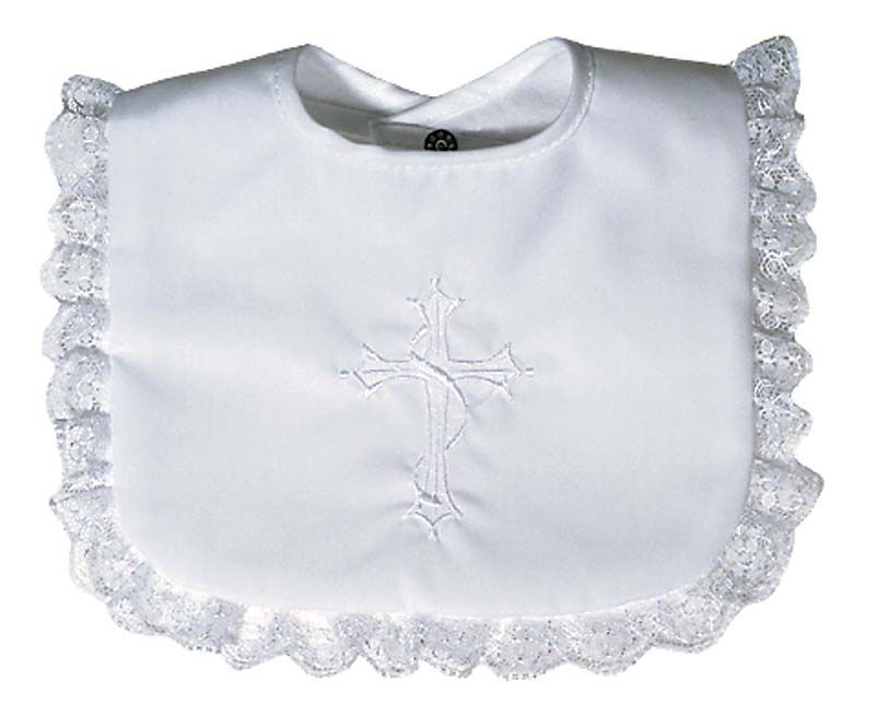 Cross Christening Embroidered White Lace Bib