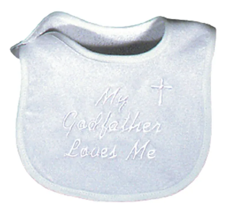 &quot;My Godfather Loves Me&quot; White Embroidered Bib