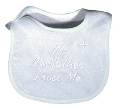 &quot;My Godfather Loves Me&quot; White Embroidered Bib