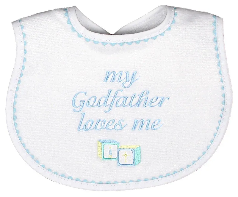 &quot;My Godfather Loves Me&quot; Embroidered Blue Bib