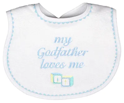 &quot;My Godfather Loves Me&quot; Embroidered Blue Bib