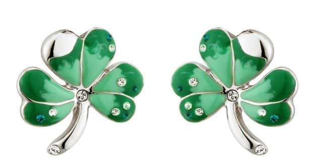 Rhodium Enamel and Crystals Shamrock Studs