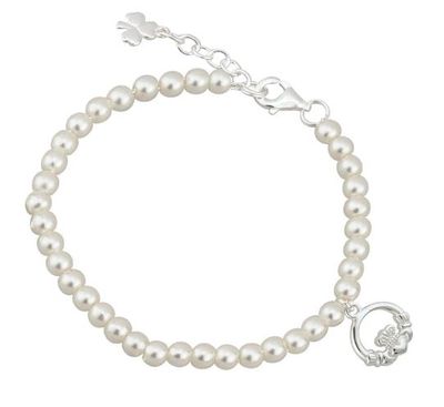 Children&#39;s Rhodium Plated Pearl Claddagh Bracelet