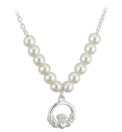 Children&#39;s Rhodium Plated Pearl Claddagh Necklace on a 16&quot; Rhodium Plated Chain