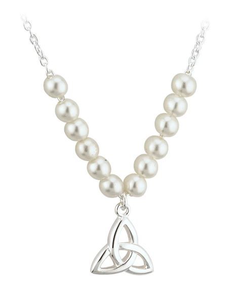 Children&#39;s Rhodium Plated Pearl Trinity Knot Necklace on a 16&quot; Rhodium Plated Chain